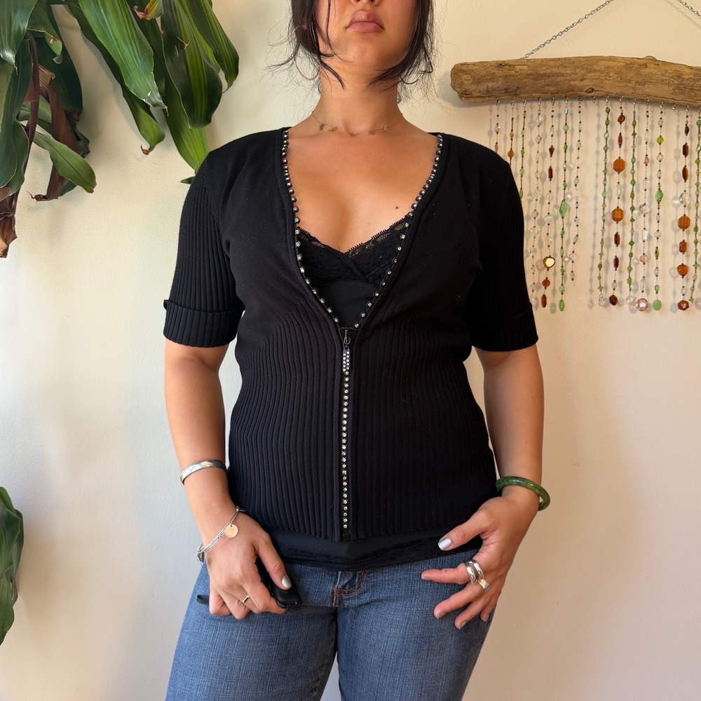 Belldini Black Ribbed Short Sleeve Sequin Zip Up Cardigan Mcbling Fairy Grunge L